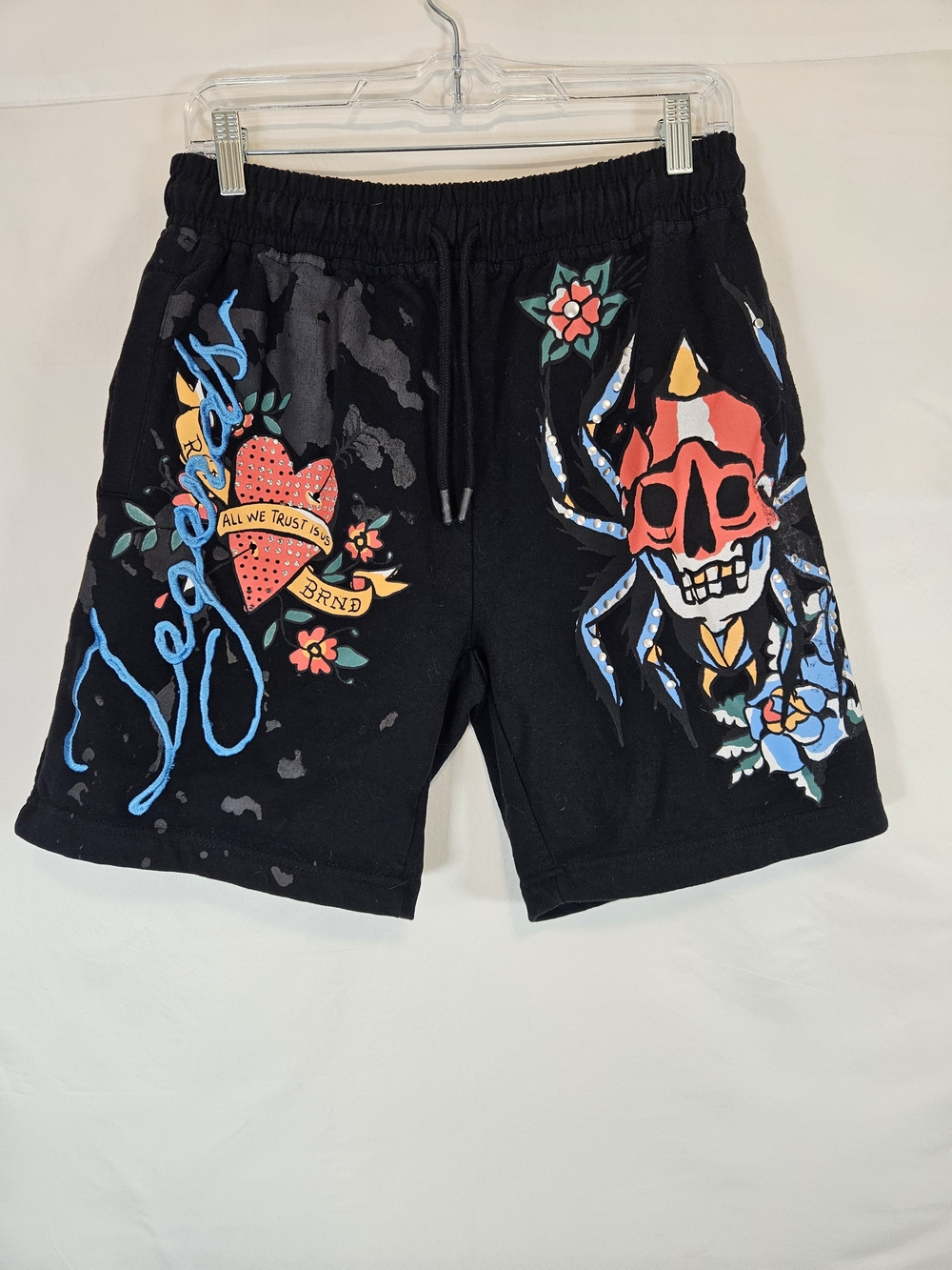 Reason Black Athletic Shorts with Red Skull and Blue Script